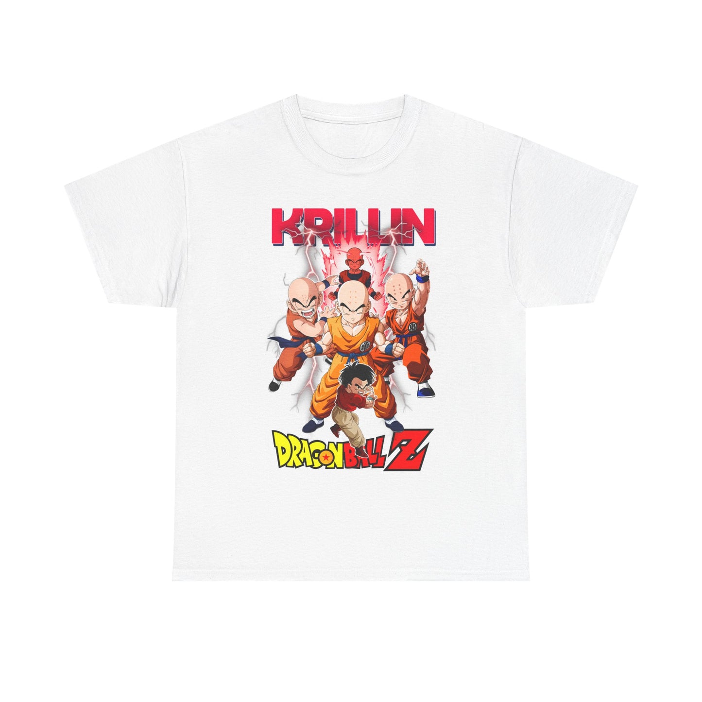 Elegant white Dragon Ball Z T-shirt showcasing Krillin and fellow Z fighters in action, enhanced by vivid illustrations and bold lettering, perfect for anime aficionados.