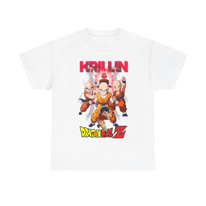Elegant white Dragon Ball Z T-shirt showcasing Krillin and fellow Z fighters in action, enhanced by vivid illustrations and bold lettering, perfect for anime aficionados.