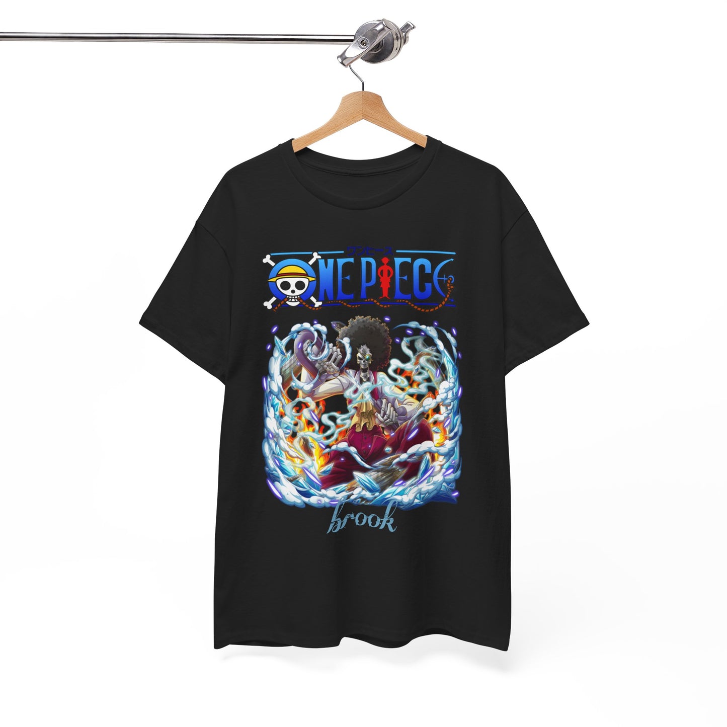 Luxurious black men's t-shirt showcasing an artistic design of Brook from One Piece, featuring vibrant colours and elements of ice, steam, and fire, perfect for anime enthusiasts.