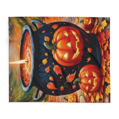 Close-up of the Decorative and Warm Halloween Spooky Arctic Fleece Blanket, highlighting the vivid artwork of pumpkins and autumn leaves, perfect for Halloween ambiance.