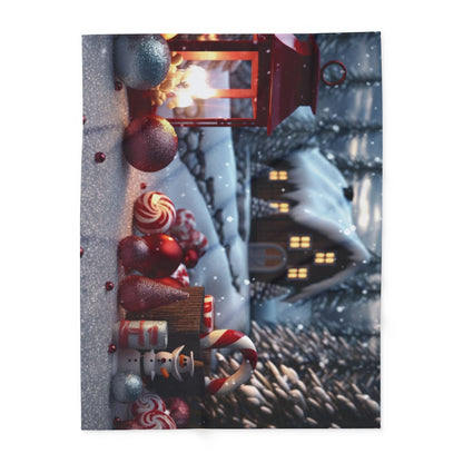 Decorative and Warm Christmas Arctic Fleece Blanket displaying a delightful assortment of holiday elements including a snowman, candy canes, and a picturesque snowy cabin for a luxurious seasonal ambience.