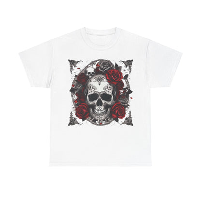Skulls and Roses Cotton Tee in pure white, featuring a striking steampunk skull entwined with bold roses, epitomising edgy luxury in casual wear.