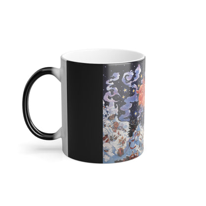 Angle view of the Discworld Hogfather Color Morphing Mug, revealing the vibrant artwork of Hogfather characters, ideal for collectors and fans.