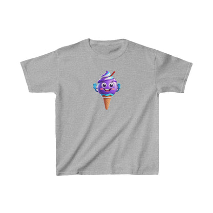 Unisex Delighted Ice Cream Graphic Cotton Tee displaying a fun cartoon ice cream character on a sophisticated grey material, offering playful luxury for stylish kids.
