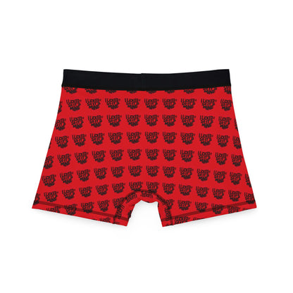 Rear view of Valentine's Naughty Cheeky Men's Boxer Briefs in red with black lettering 'I LICKED IT SO IT'S MINE', perfect for those looking to blend fun and romance.