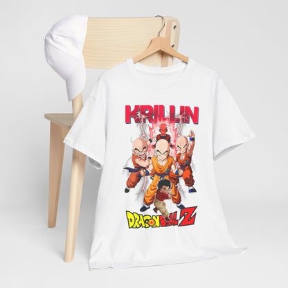Stylish white Dragon Ball Z T-shirt showcasing Krillin and fellow Z warriors, artistically draped over a wooden chair with a matching cap.