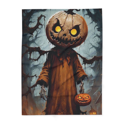 Elegant Decorative and Warm Halloween Spooky Arctic Fleece Blanket showcasing a whimsical pumpkin character set against a dark forest, ideal for seasonal decorations and cozy evenings.