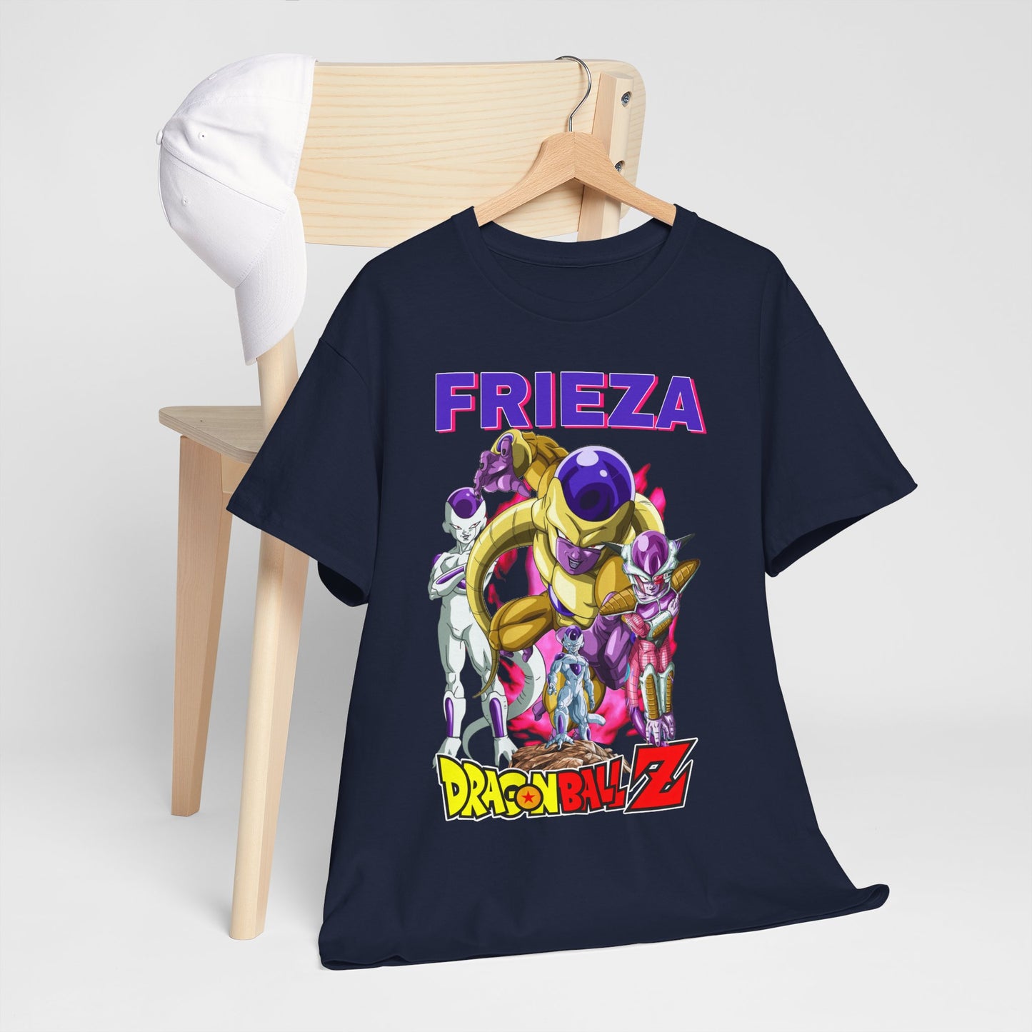 Refined navy blue t-shirt draped over a chair, featuring a striking Frieza design from Dragon Ball Z, complemented by bold branding, perfect for fashionable anime aficionados.