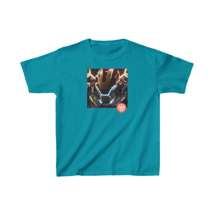 Kids Iron Man Heavy Cotton T-Shirt in a chic turquoise hue, featuring a bold Iron Man design, combining luxury and playful fashion.