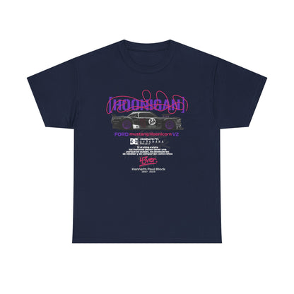 Luxurious Ford Mustang Hoonicon V2 graphic tee featuring a stylized racing car design, bold typography, and vibrant purple accents on a navy background, perfect for motorsport enthusiasts.