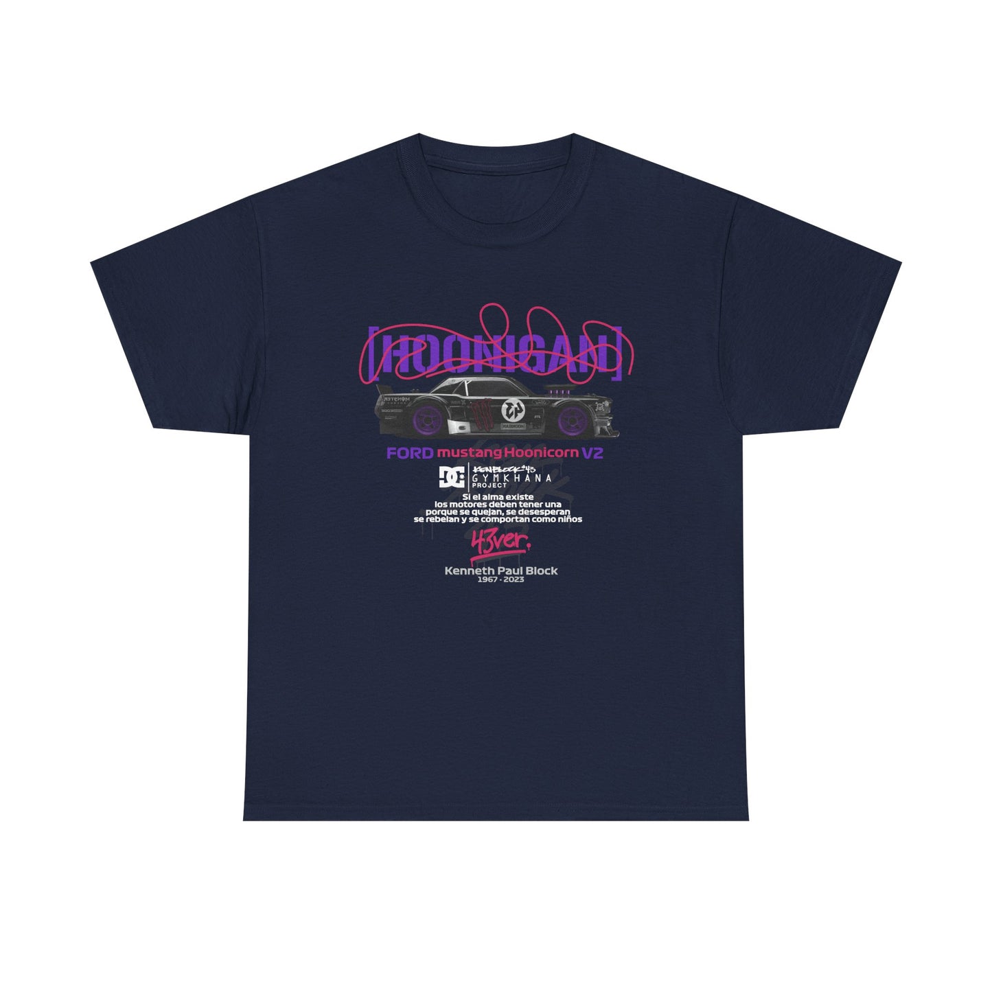 Luxurious navy blue Ford Mustang Hoonicon V2 t-shirt featuring a dynamic black vehicle graphic and bold purple text, catering to the passionate motorsport community.