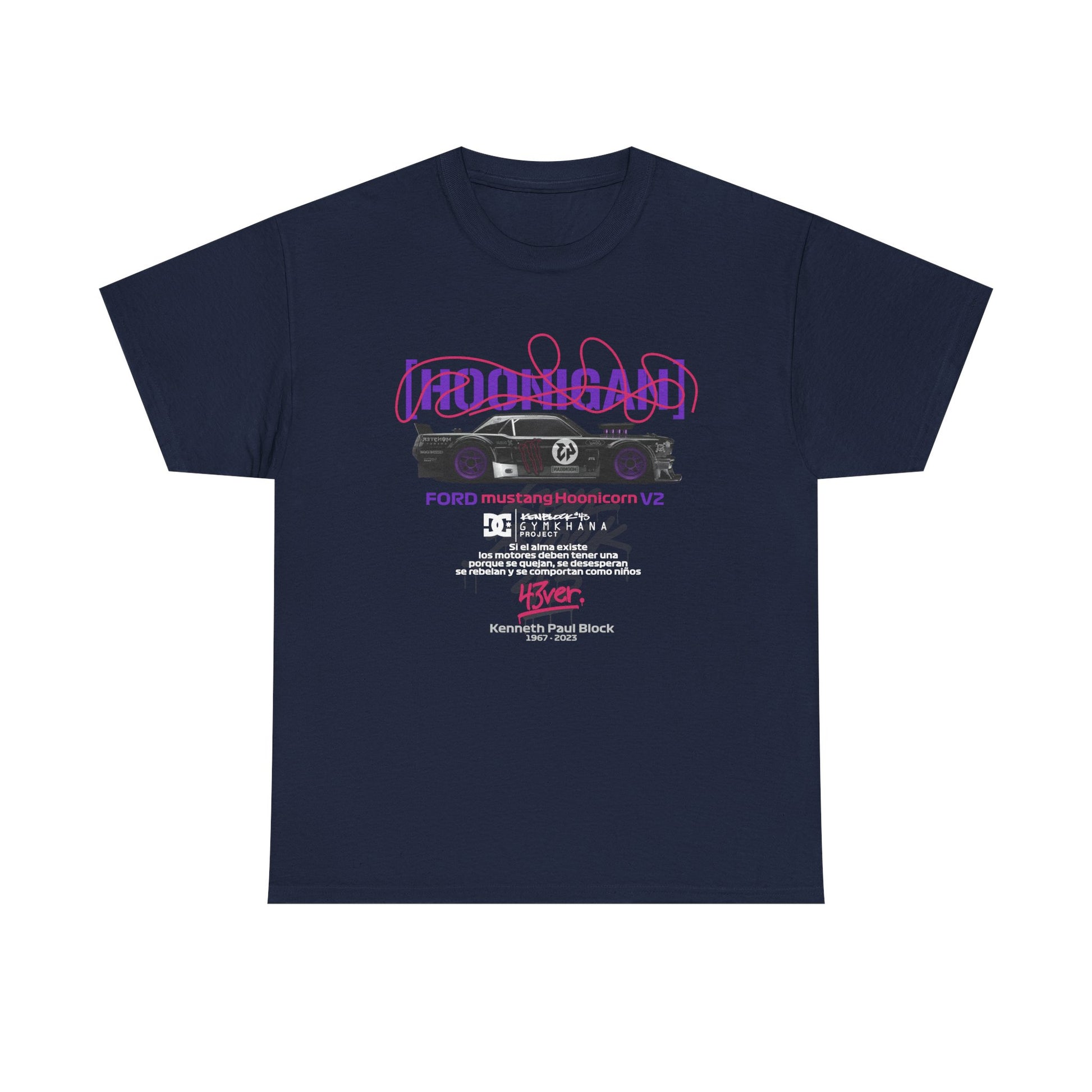 Luxurious navy blue Ford Mustang Hoonicon V2 t-shirt featuring a dynamic black vehicle graphic and bold purple text, catering to the passionate motorsport community.