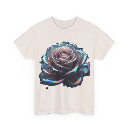 Front view of the Ethereal Rose Unisex T-Shirt – Artful Cotton Tee with Iridescent Floral Design, featuring an exquisite stylised rose in iridescent hues.