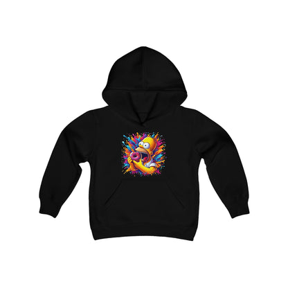 Luxurious Teens Urban Homer’s Hungry Delight Hooded Sweatshirt featuring a vibrant graphic of Homer Simpson mid-bite, set against a striking black backdrop, perfectly embodying playful pop culture style.