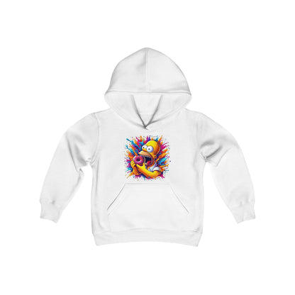 Teens Urban Homer’s Hungry Delight Hooded Sweatshirt featuring a vibrant graphic of Homer Simpson mid-bite amid a colourful explosion of frosting and sprinkles, ideal for style and comfort.
