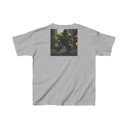 Kids Incredible Hulk Heavy Cotton T-Shirt in classic grey featuring a powerful Hulk graphic on the back, designed for durability and style.