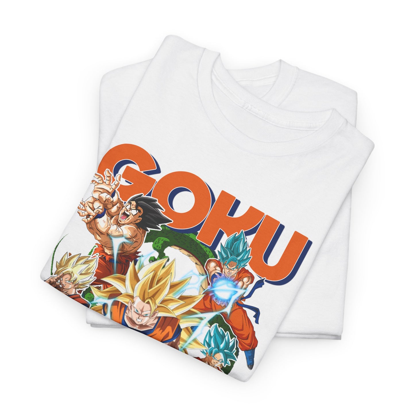 Folded white Dragon Ball Z T-shirt with a dynamic Goku graphic, encapsulating passion for anime in a stylish and luxurious presentation.