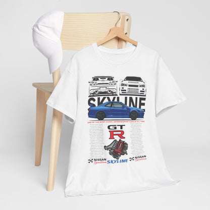 Nissan Skyline GT-R T-Shirt artfully arranged with a white cap on a wooden chair, exuding a chic automotive lifestyle and collector's spirit.
