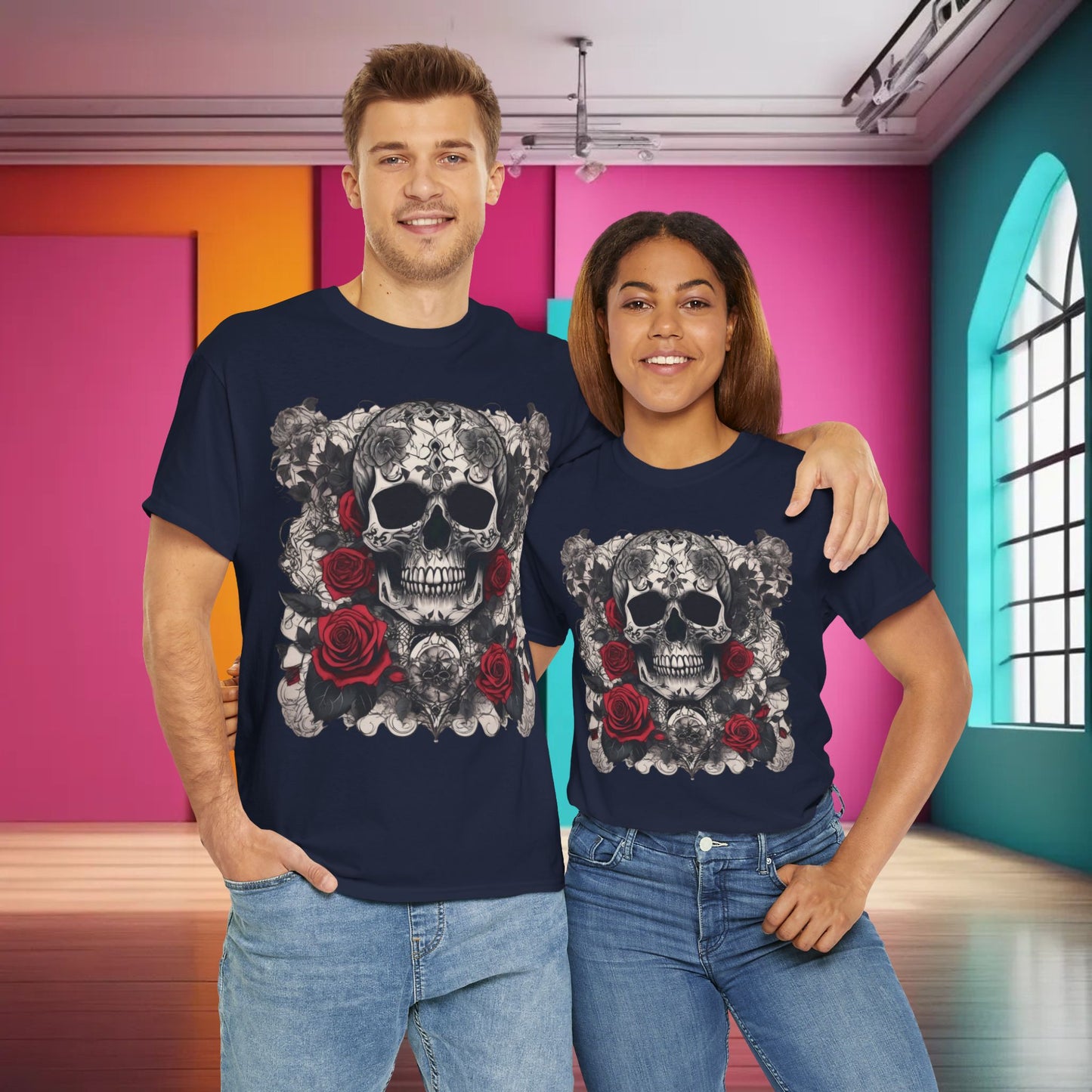 Skulls and Roses Cotton Tee, Unisex Graphic Shirt, 7 color choice