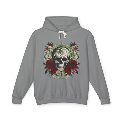 Unisex Lightweight Hooded Sweatshirt adorned with a unique skull and roses design displayed in an alluring grey shade.