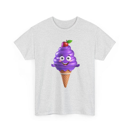 Scoop of Joy: Cartoon Ice Cream Cone Character Tee - Front view showcasing a vibrant cartoon ice cream cone character with purples and a cherry on top.