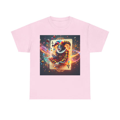 Unisex Harlequin Playing Card Graphic Tee showcased in a soft pink hue, adorned with an artistic harlequin playing card illustration, blending whimsy and luxury.