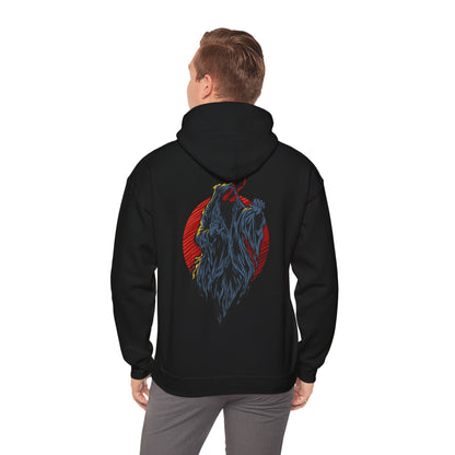 Sophisticated black hoodie displayed on a model, featuring a captivating demon graphic set against a striking red circle.