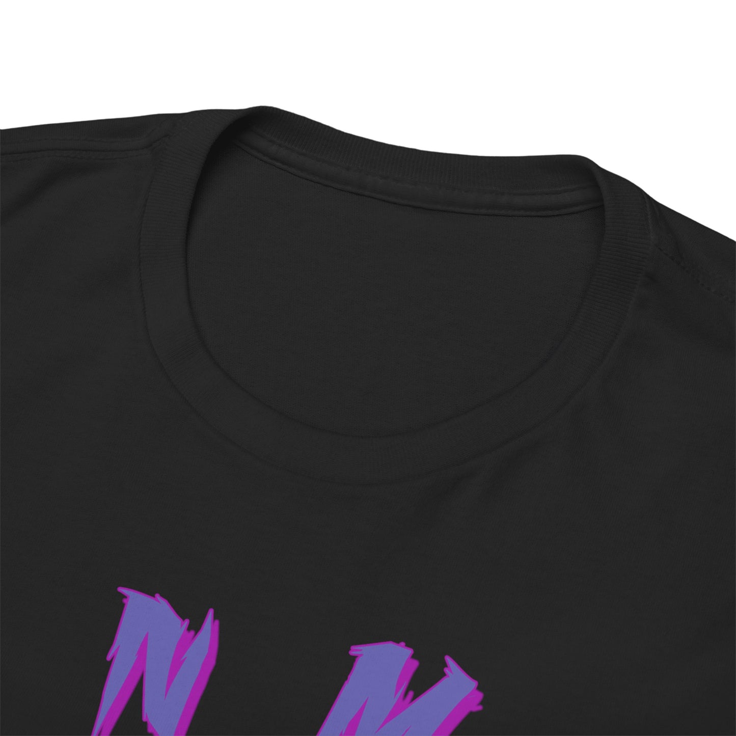 Close-up view of the neckline of an exquisite black Demon Slayer T-shirt, showcasing premium stitching and bold purple lettering for a striking aesthetic.