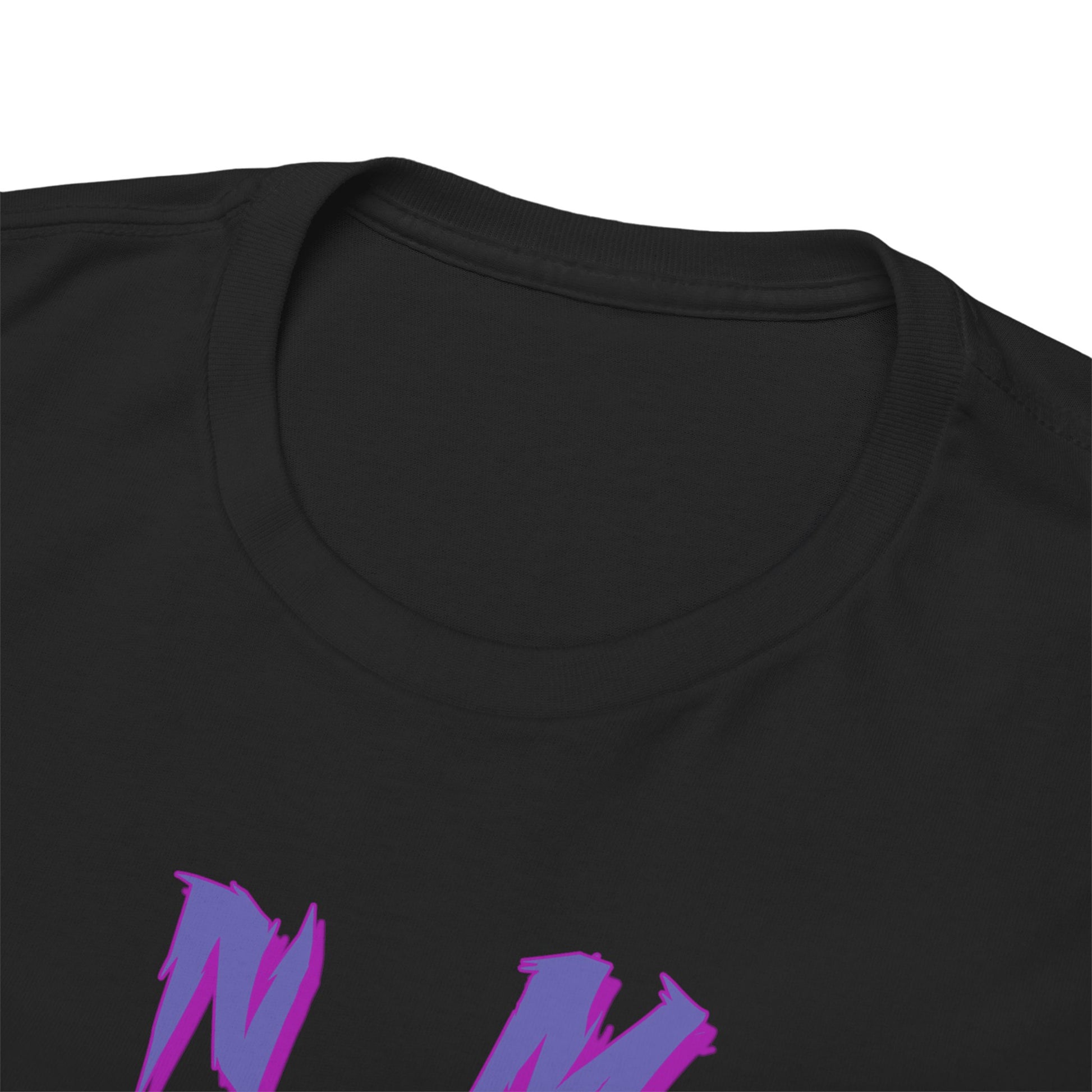 Close-up view of the neckline of an exquisite black Demon Slayer T-shirt, showcasing premium stitching and bold purple lettering for a striking aesthetic.