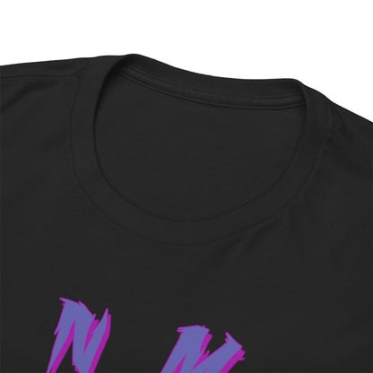 Close-up view of the neckline of a high-quality black T-shirt featuring an anime-inspired graphic design, embodying luxury and style with superior fabric.
