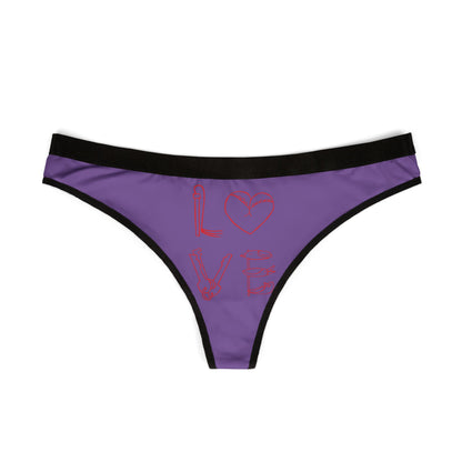 Elegant women's purple thong adorned with bold red graphics of the word 'LOVE', ideal for intimate celebrations and adding a cheeky flair to lingerie collections.