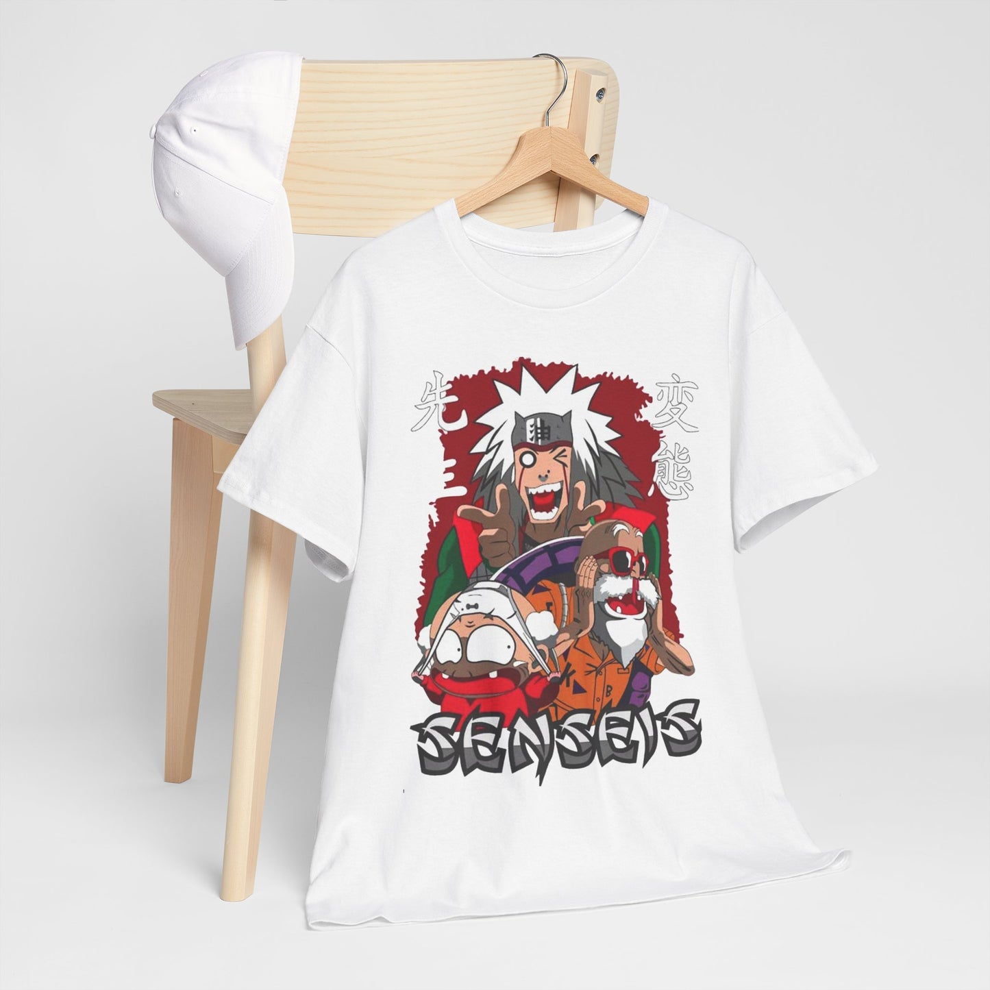 Stylish Sensei Graphic Tee displayed on a wooden chair, presenting vibrant anime characters and an urban design, perfect for elevated streetwear fashion.
