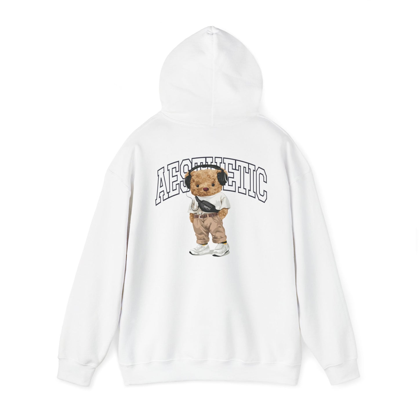 Artistic white hoodie with a delightful cartoon teddy bear graphic, embodying playful sophistication.