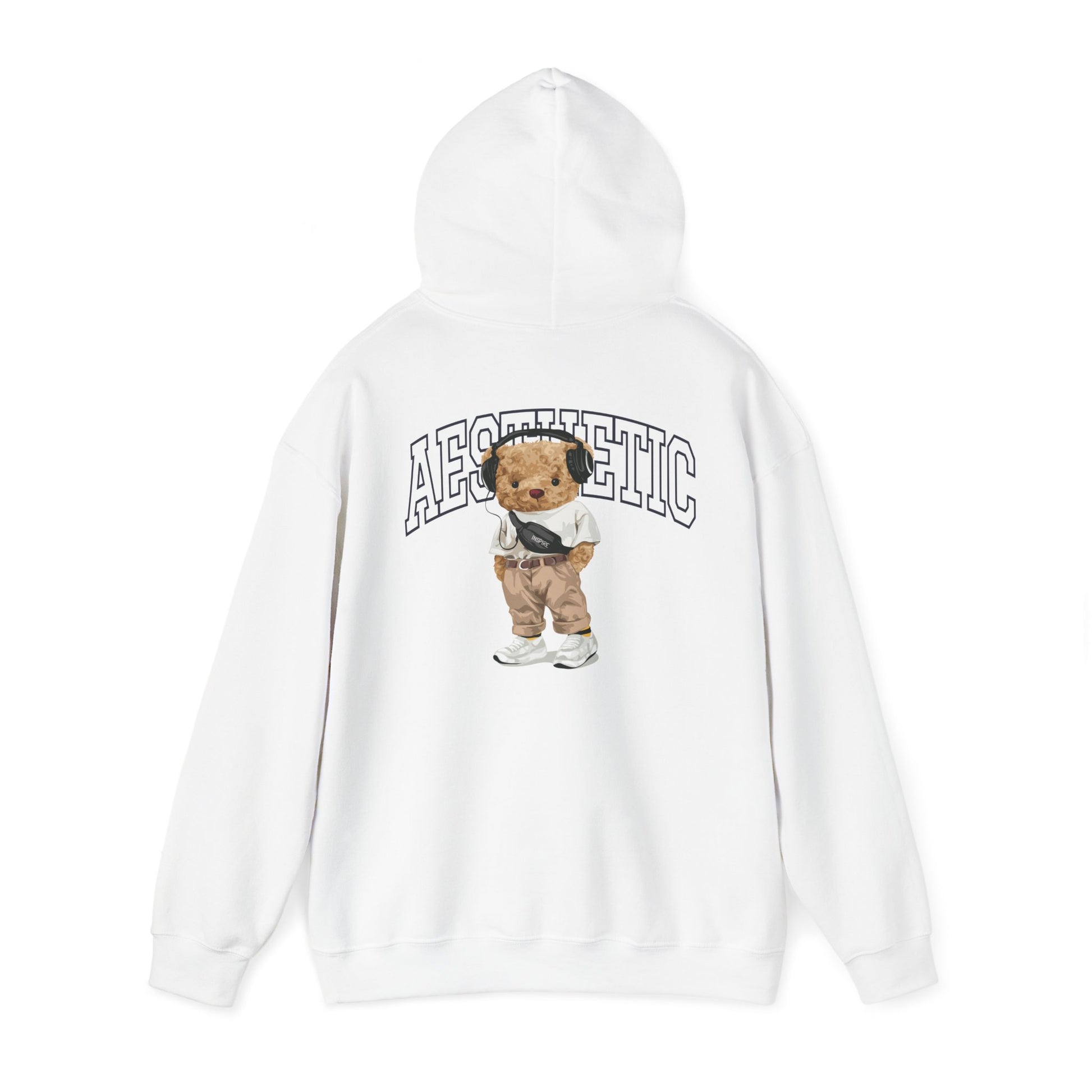 Artistic white hoodie with a delightful cartoon teddy bear graphic, embodying playful sophistication.