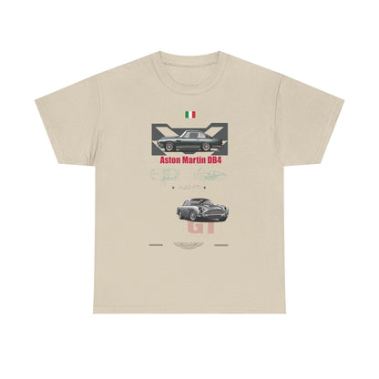 Elegant beige men's t-shirt featuring a graphic illustration of the Aston Martin DB4, technical drawings, and luxury branding elements.