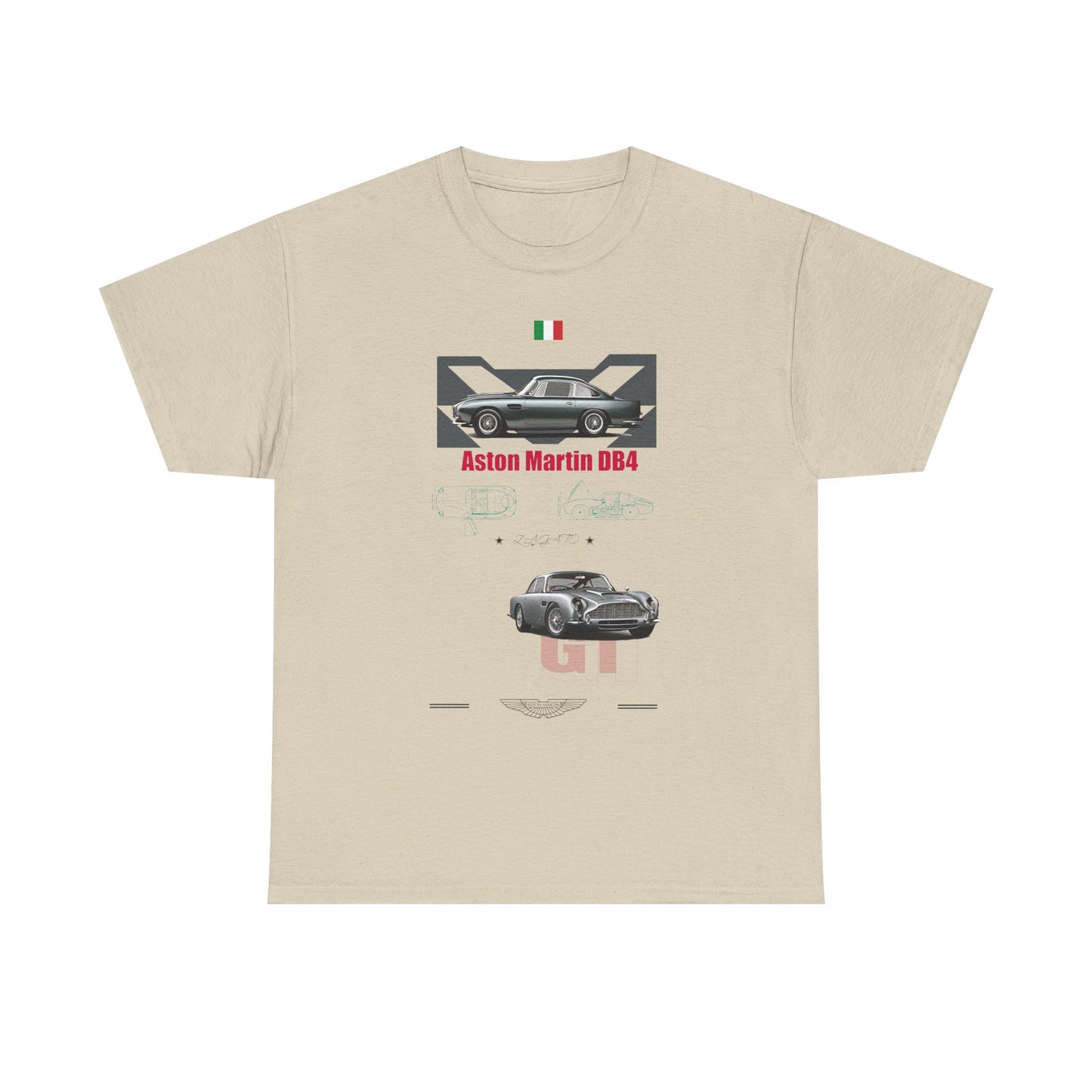 Chic beige men's t-shirt presenting the iconic Aston Martin DB4, complemented by vibrant graphics and sophisticated detailing tailored for car aficionados.