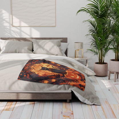 Decorative and Warm Halloween Spooky Arctic Fleece Blanket artfully arranged on a chic bed, highlighting a whimsical black cat surrounded by autumnal decorations, making it a luxurious addition to Halloween decor.