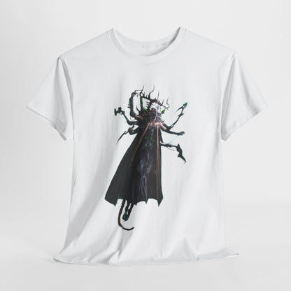 Exquisite unisex graphic t-shirt featuring a whimsical depiction of a multi-limbed fantasy creature in a dark robe, designed for casual elegance in street fashion.