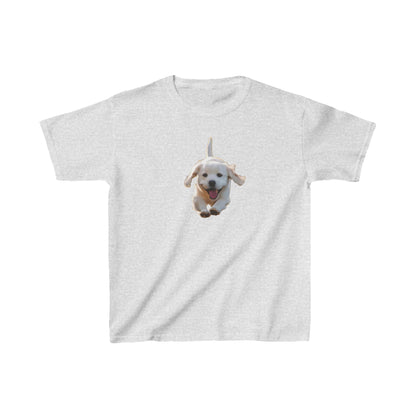 Leaping Puppy Kids Tee showcasing a playful leaping puppy graphic on a light grey cotton t-shirt, designed for comfort and style.