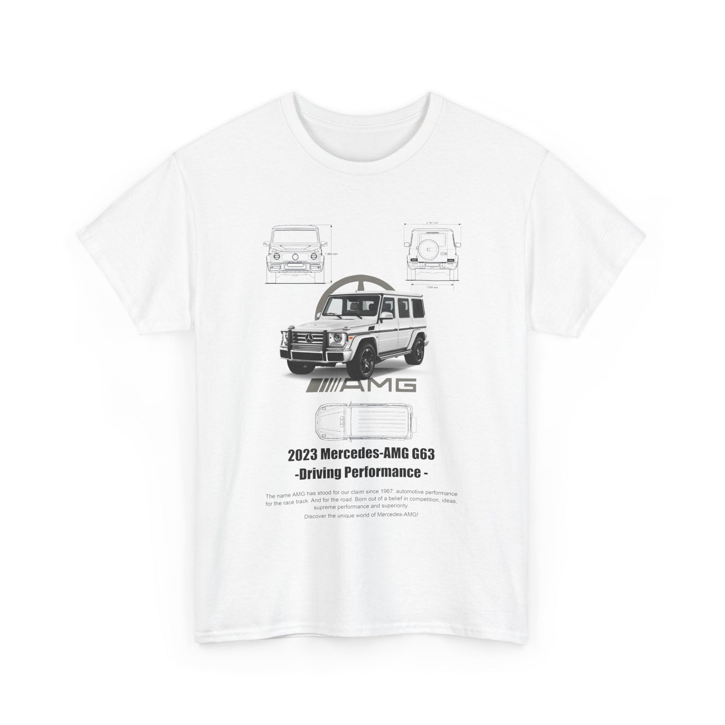 Front design of a stylish white t-shirt, showcasing the iconic 2023 Mercedes-AMG G63 with detailed graphics and performance features.
