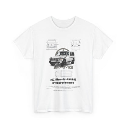 Front design of a stylish white t-shirt, showcasing the iconic 2023 Mercedes-AMG G63 with detailed graphics and performance features.