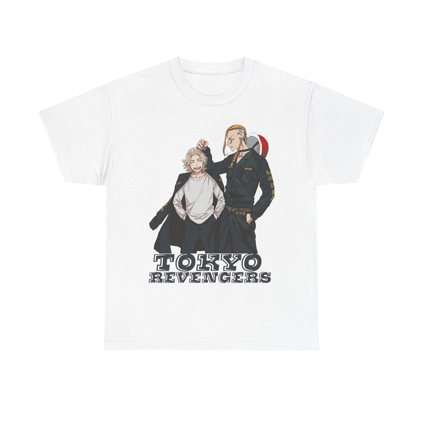 Elegantly designed Tokyo Revengers anime men's t-shirt in white, featuring two dynamic male characters with the bold 'Tokyo Revengers' caption, ideal for stylish streetwear.