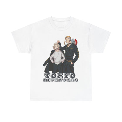 Elegantly designed Tokyo Revengers anime men's t-shirt in white, featuring two dynamic male characters with the bold 'Tokyo Revengers' caption, ideal for stylish streetwear.