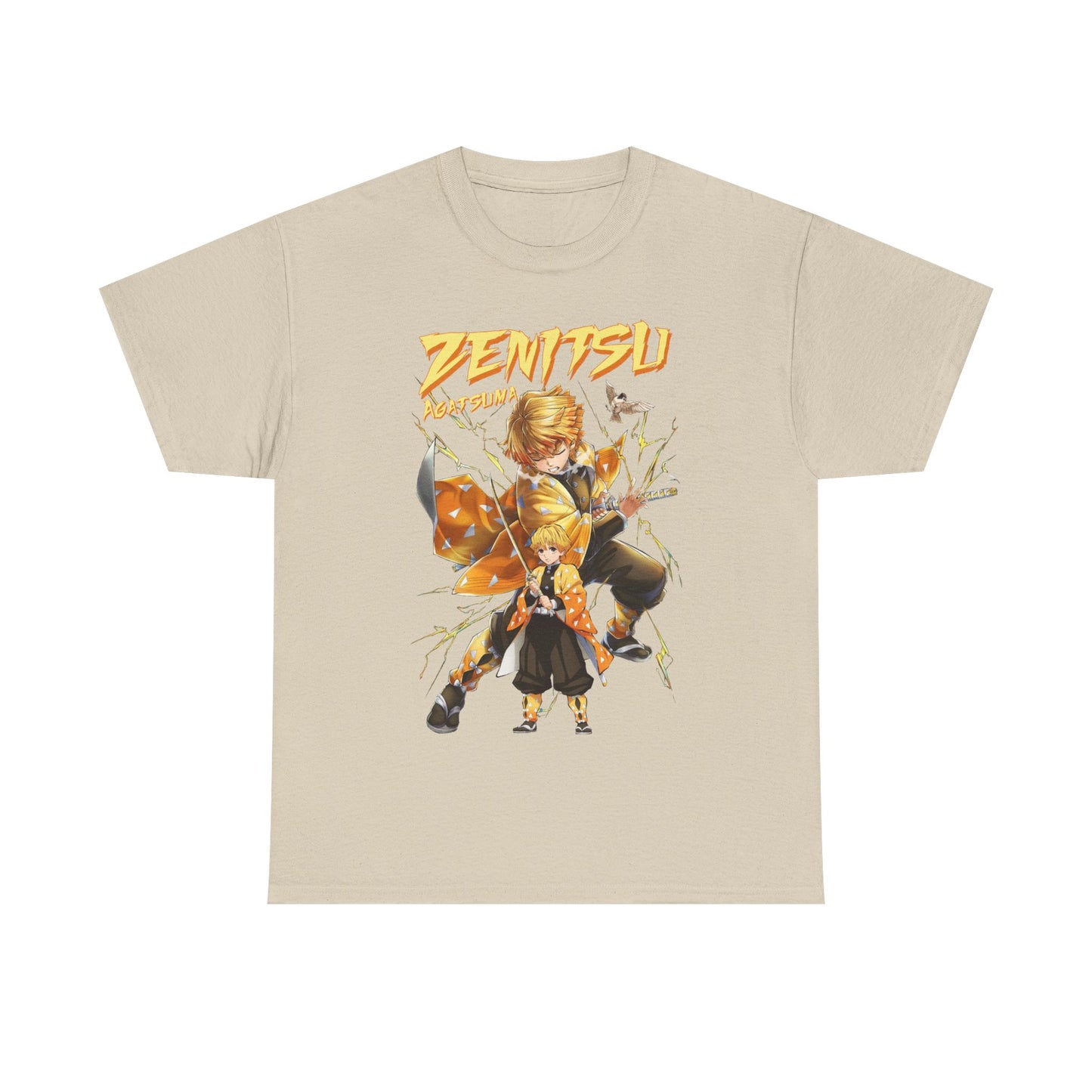 Chic sand-coloured t-shirt featuring the powerful anime character Zenitsu Agatsuma, designed with vivid illustrations and impressive details.