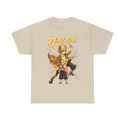 Chic sand-coloured t-shirt featuring the powerful anime character Zenitsu Agatsuma, designed with vivid illustrations and impressive details.