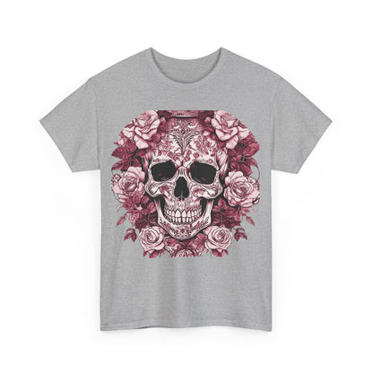 Front design of the Skulls and Roses Cotton Tee in grey featuring an intricate skull and rose graphic, perfect for statement fashion.