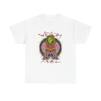 Celestial Guardian men's t-shirt featuring a striking design of a green-skinned angel with pink wings and a hooded cloak, showcasing bold graphics that merge artistry with symbolism against a crisp white background.