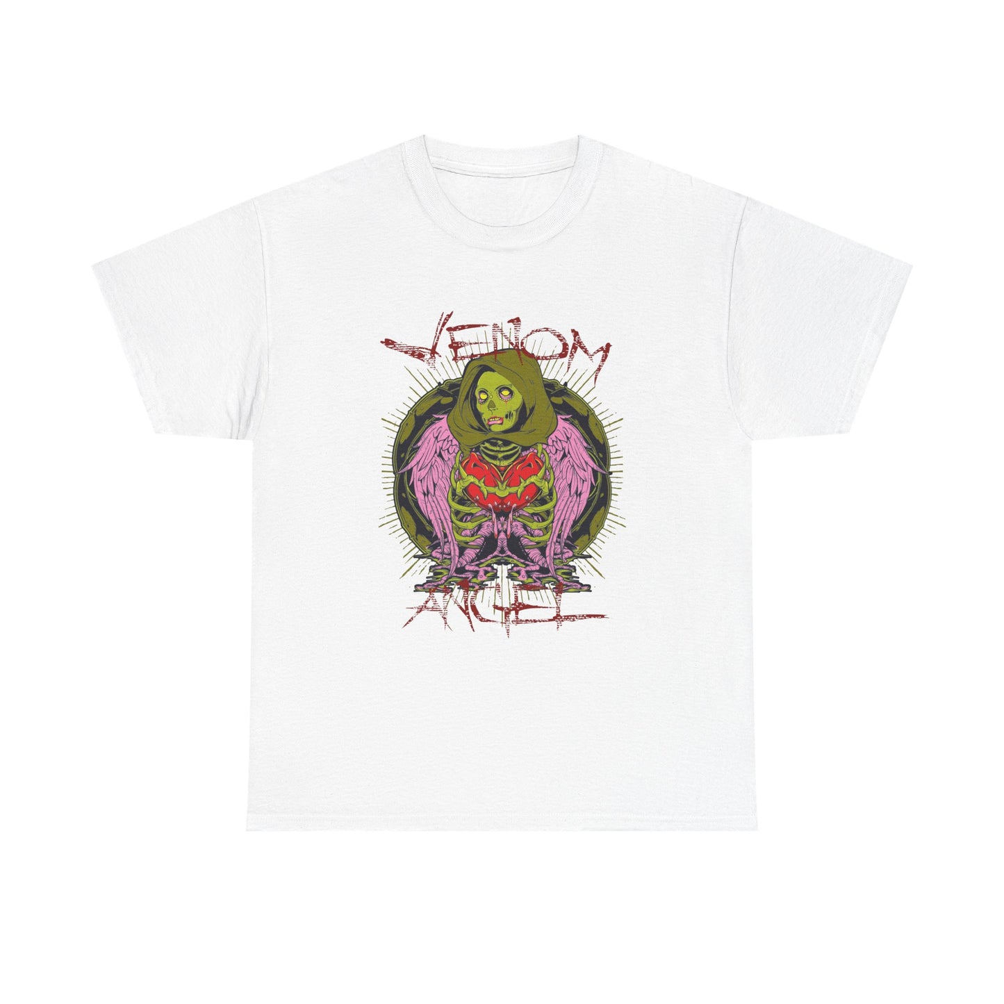Luxurious white men's t-shirt featuring striking 'Venom Angel' graphic art with a captivating green-skinned figure adorned with pink wings, embodying bold aesthetics and individuality.