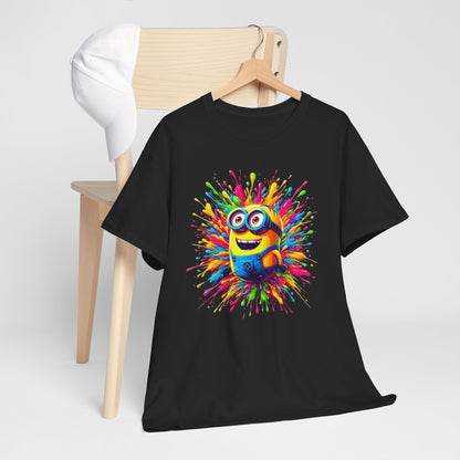 Funny T-Shirt Men's Minion Paint Splash Graphic Tee artistically hung with a cap, featuring a bright Minion character amidst vibrant paint splatters, great for adding joy to any outfit. T Shirt, Funny, Minions.