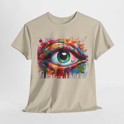 Luxurious beige unisex t-shirt featuring a vibrant 'Visionary Drip' graphic of a stylised eye with vivid splashes of color and intricate details, perfect for art and fashion enthusiasts.